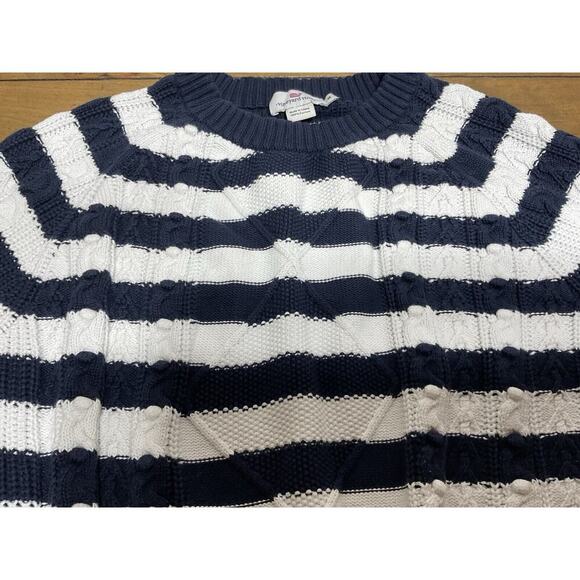 Vineyard Vines Size M Striped Fisherman Crewneck Sweater Ivory Blue Cable Knit - Picture 3 of 7